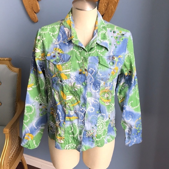 Y2K Keren Hart blue green yellow button down lightweight jean jacket size M - Picture 1 of 13